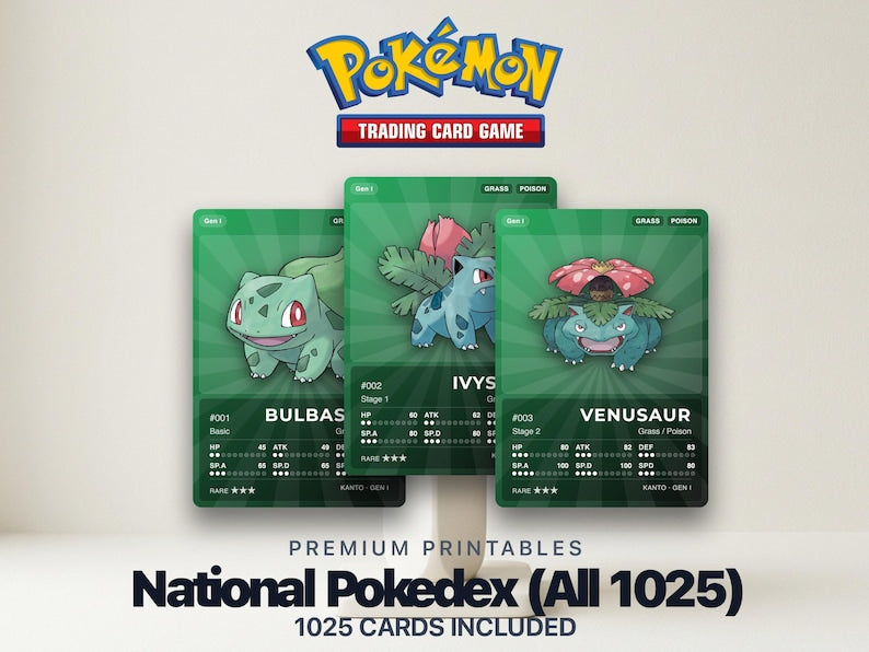 Pokémon National Pokédex Placeholder 001-1025 | Gen 1-9 Complete | Printable Pokémon Cards | Binder Organizer Tracker | 300 DPI | ENGLISH