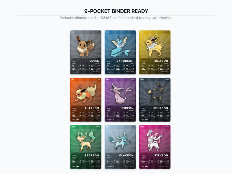 Pokémon Eevee Eeveelutions Pokédex Placeholder | All 9 Evolutions | Printable Pokémon Cards | Binder Organizer | 300 DPI | ENGLISH