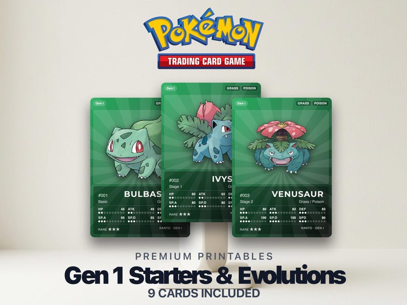 Pokémon Gen 1 Starters & Evolutions Placeholder | Bulbasaur Charmander Squirtle | Printable Pokémon Cards | Binder Set | ENGLISH