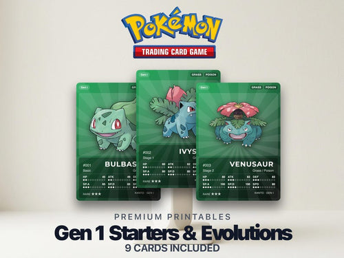 Pokémon Gen 1 Starters & Evolutions Placeholder | Bulbasaur Charmander Squirtle | Printable Pokémon Cards | Binder Set | ENGLISH