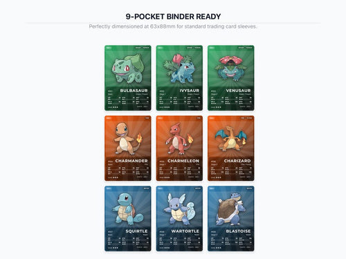 Pokémon Gen 1 Starters & Evolutions Placeholder | Bulbasaur Charmander Squirtle | Printable Pokémon Cards | Binder Set | ENGLISH